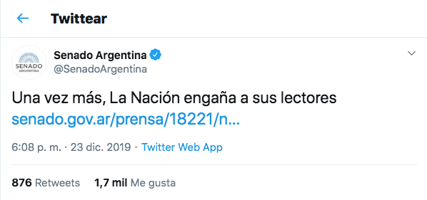 Desde la cuenta oficial del Senado se cuestiona un informe periodístico del Diario La Nación