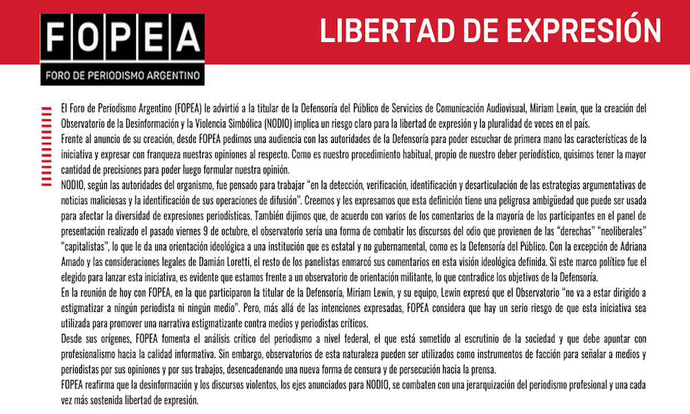 FOPEA RECHAZA LA CREACIÓN DEL OBSERVATORIO ESTATAL “NODIO”