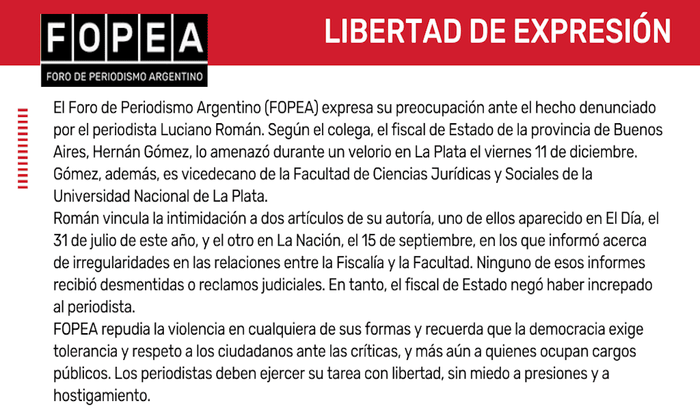 Expresamos nuestra preocupación ante el hecho denunciado por el periodista Luciano Román