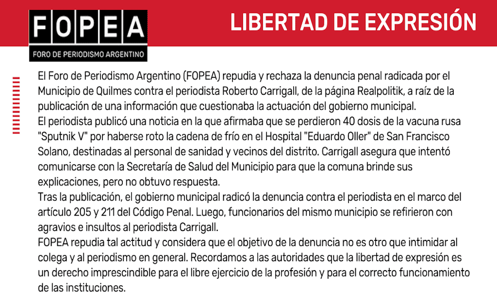 Repudiamos y rechazamos la denuncia penal contra el periodista Roberto Carrigall