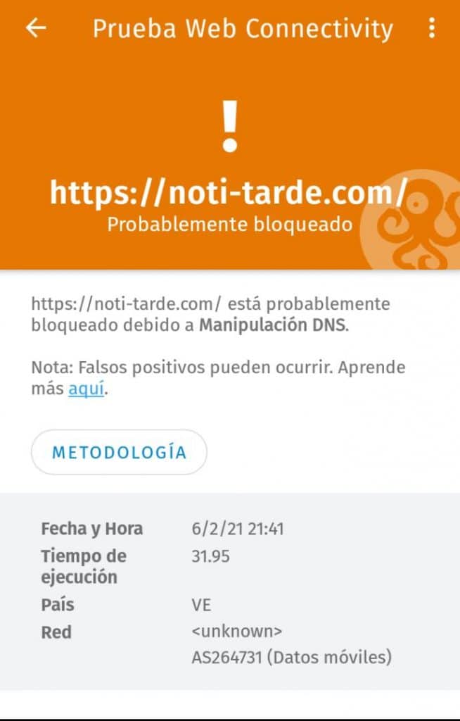 Bloqueos al portal Noti-Tarde - OONI Explorer