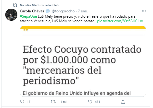 Retweet de Nicolás Maduro donde se ataca a Efecto Cocuyo