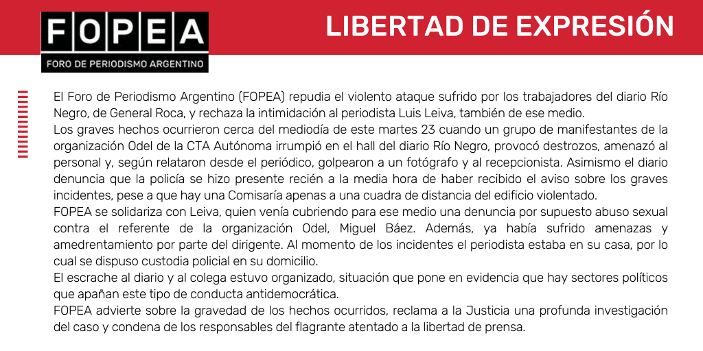 Repudiamos el ataque sufrido por los trabajadores del diario Río Negro y rechaza la intimidación al periodista Luis Leiva.