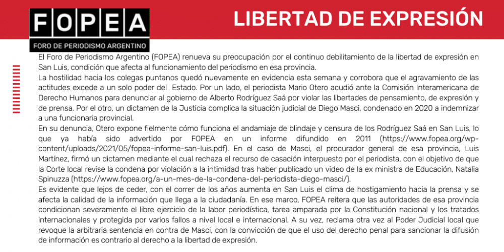 Renovamos la preocupación por el continuo debilitamiento de la libertad de expresión en San Luis.