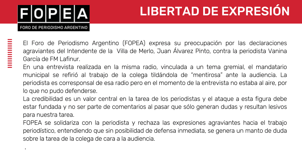 Expresamos preocupación por las declaraciones agraviantes de un intendente contra la periodista Vanina García.