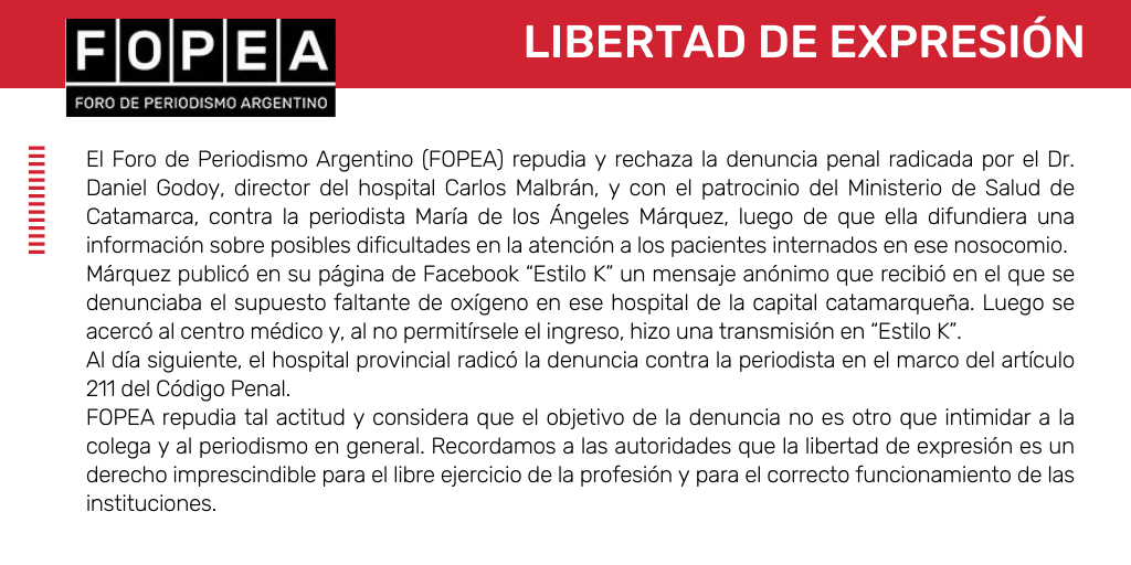 Repudiamos y rechazamos la denuncia penal contra la periodista María de los Ángeles Márquez