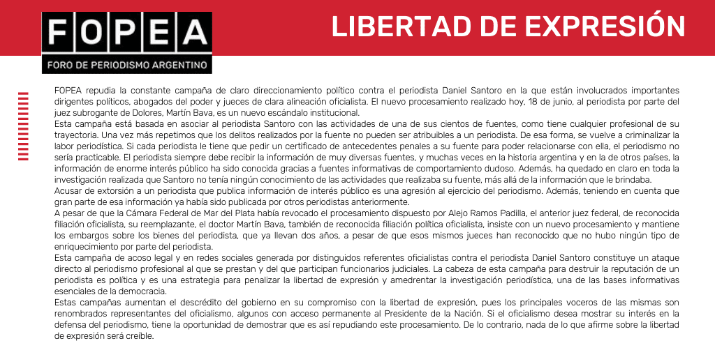 Repudiamos el nuevo ataque judicial contra Daniel Santoro.