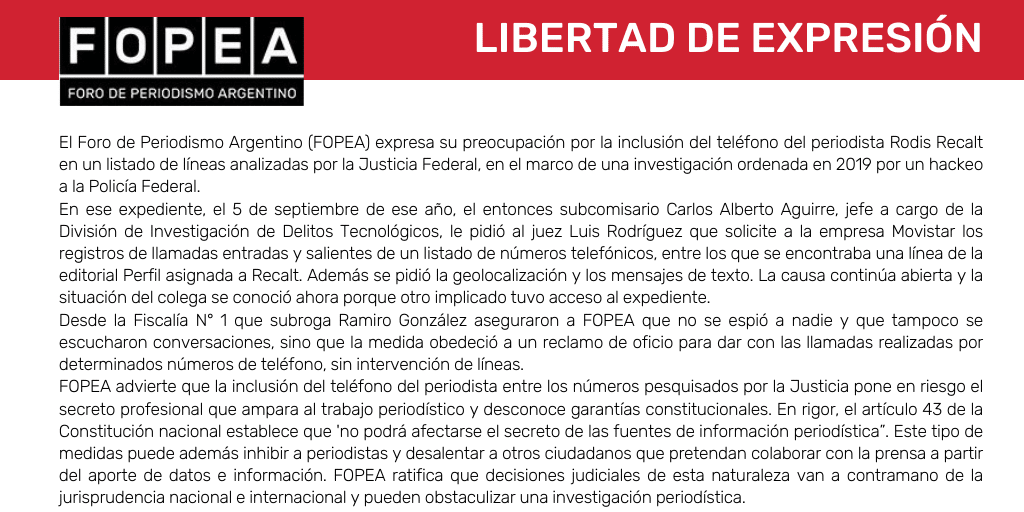 Expresamos preocupación por inclusión del teléfono de Rodis Recalt en un listado de líneas analizadas por la Justicia Federal.