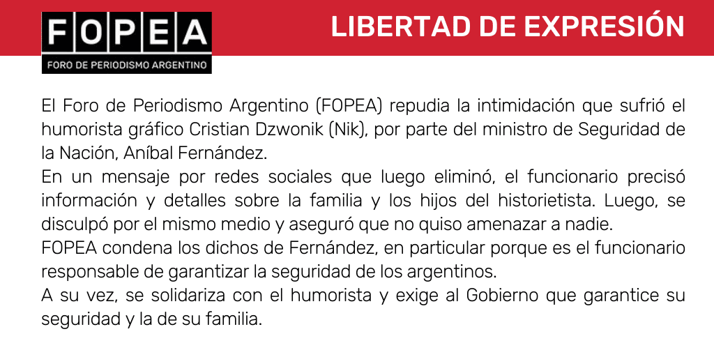 Repudiamos la intimidación al humorista gráfico Nik, por parte del ministro de Seguridad de la Nación, Aníbal Fernández.