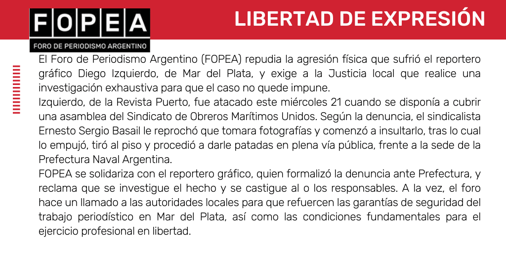 Repudiamos la agresión física que sufrió el reportero gráfico Diego Izquierdo.