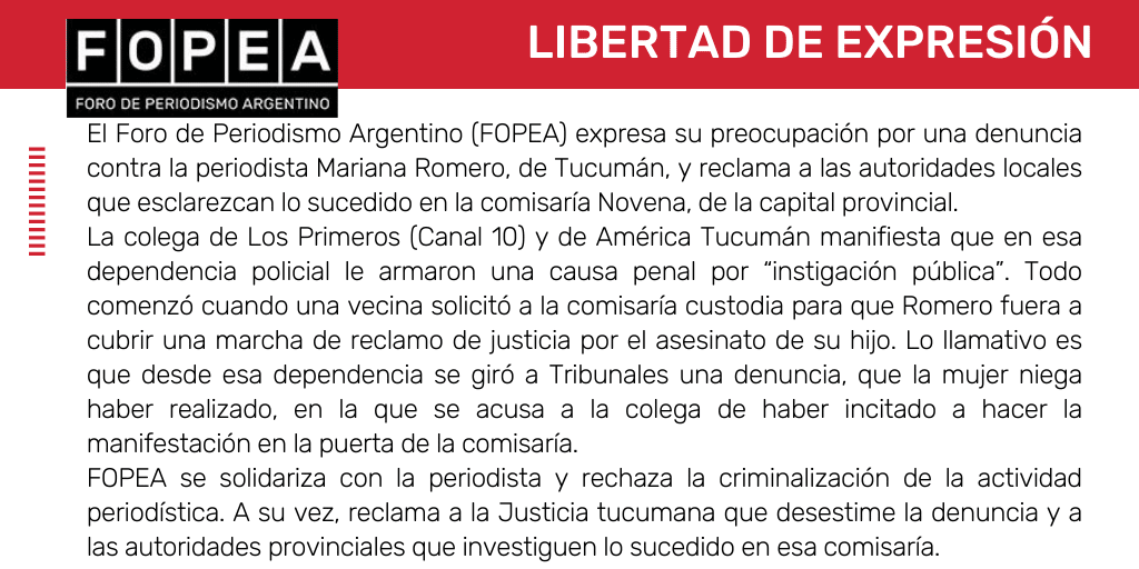 Expresamos preocupación por una denuncia contra la periodista Mariana Romero.