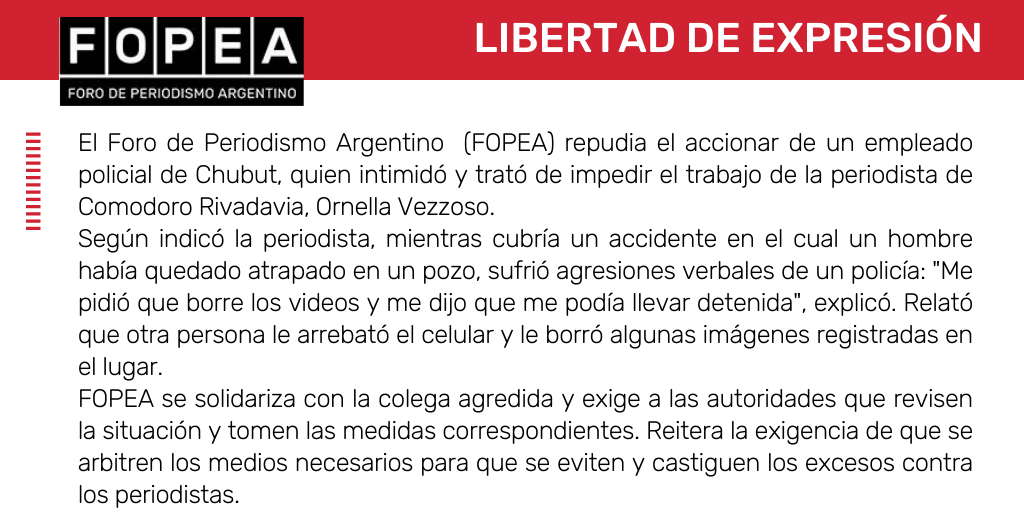 Repudiamos la agresión por parte de policías de Chubut contra la periodista Ornella Vezzoso.