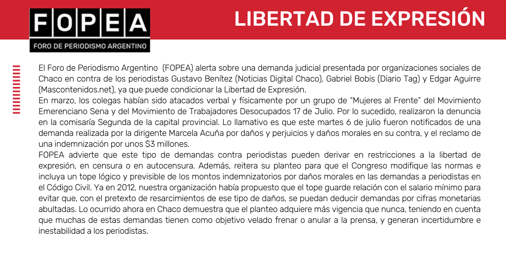 Alertamos sobre una demanda judicial presentada por organizaciones sociales de Chaco que puede condicionar la Libertad de Expresión.