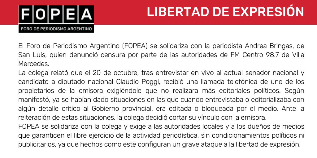 Nos solidarizamos con la periodista Andrea Bringas, quien denunció censura por parte de FM Centro 98.7.