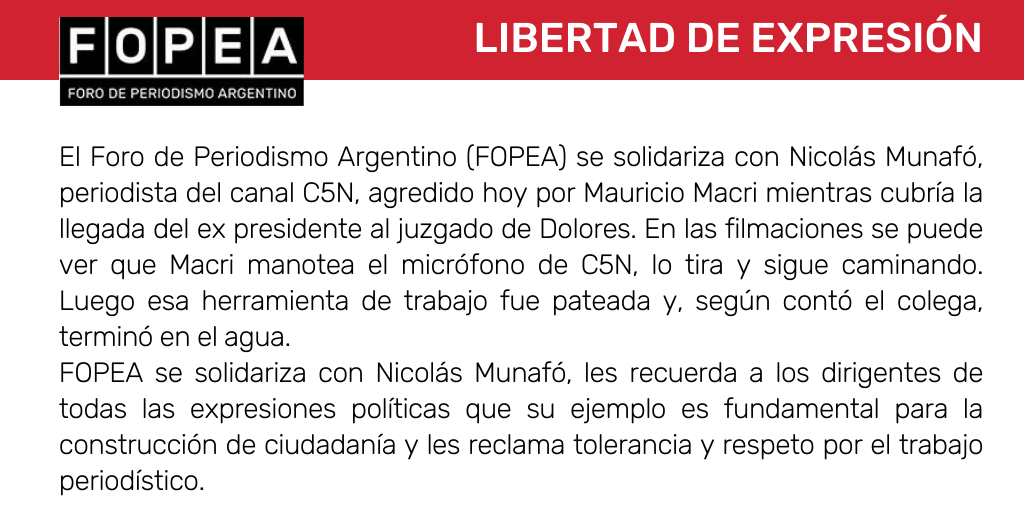 Nos solidarizamos con Nicolás Munafó, periodista del canal C5N, agredido por Mauricio Macri.