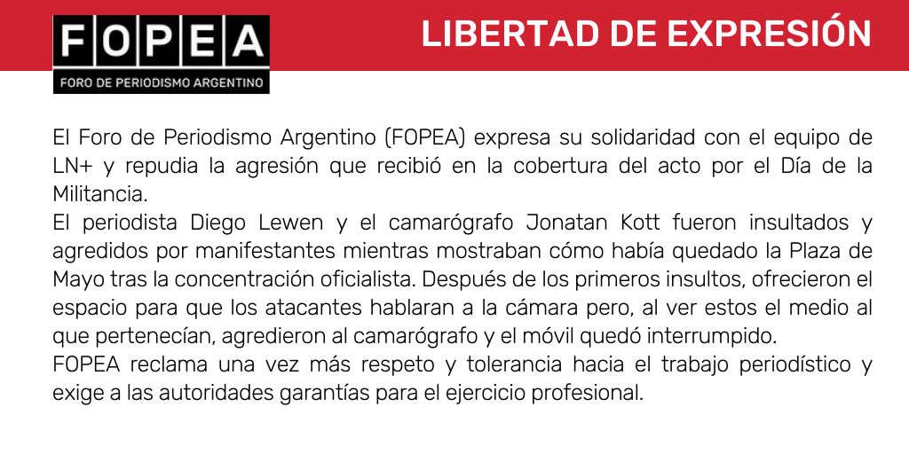 Repudiamos la agresión que recibió el equipo de LN+ en la cobertura de un acto oficialista.