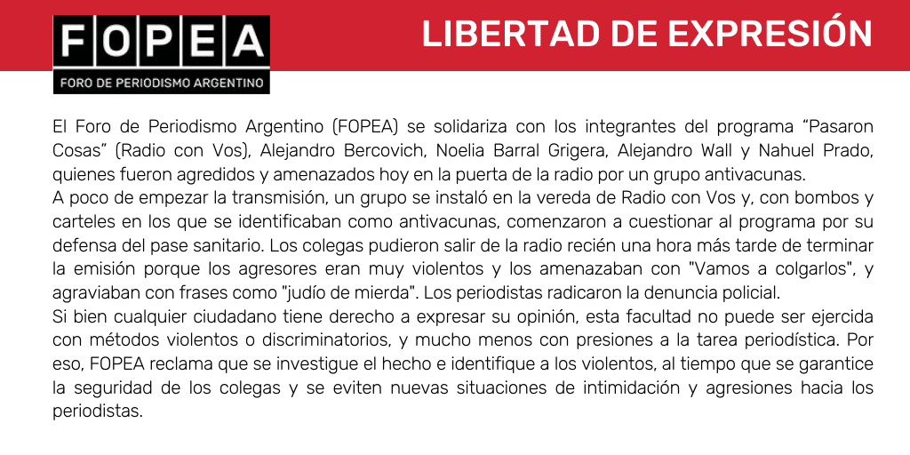 Nos solidarizamos con los colegas de Radio con Vos, agredidos y amenazados por un grupo antivacunas.