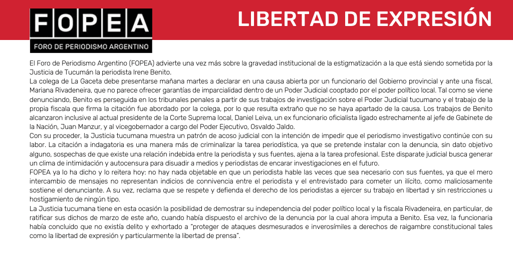 Sobre el acoso judicial hacia la periodista tucumana Irene Benito y la gravedad institucional de la estigmatización a la que está siendo sometida.