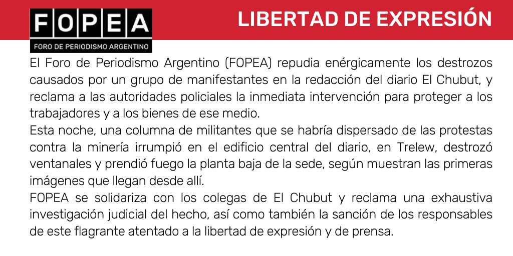 Repudiamos enérgicamente los destrozos causados por un grupo de manifestantes en la redacción del diario El Chubut.